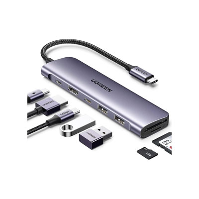 HUB UGREEN USB-C 7 EN 1, 2X USB 3.0, 1X USB-C 3.0, 1X HDMI, 1X MICROSD, 1X SD, 5 GBIT/S, GRIS, 15214