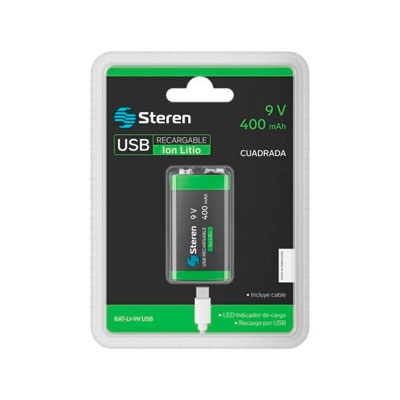 BATERIA RECARGABLE STEREN USB LI-ION TIPO 9V (CUADRADA), DE 3600 MWH, BAT-LI-9V USB